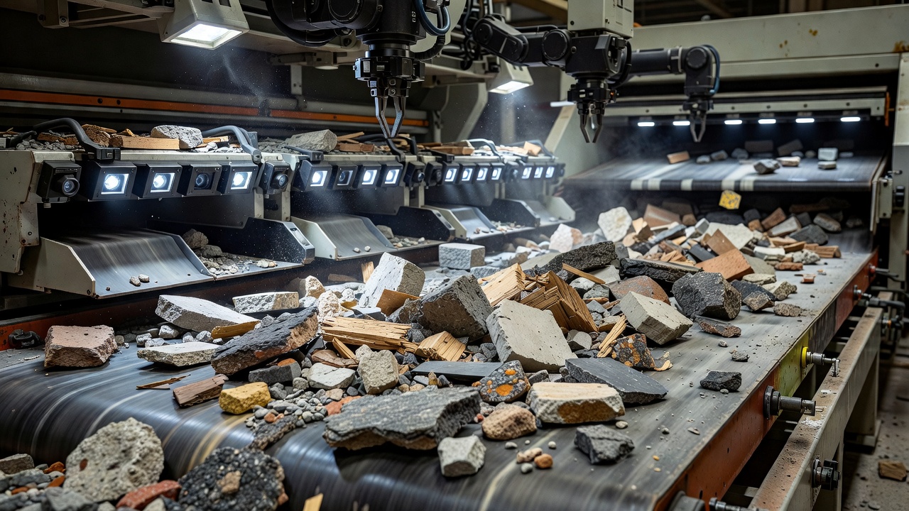Close-up detail of a construction material sorting conveyor with fragments moving along the line