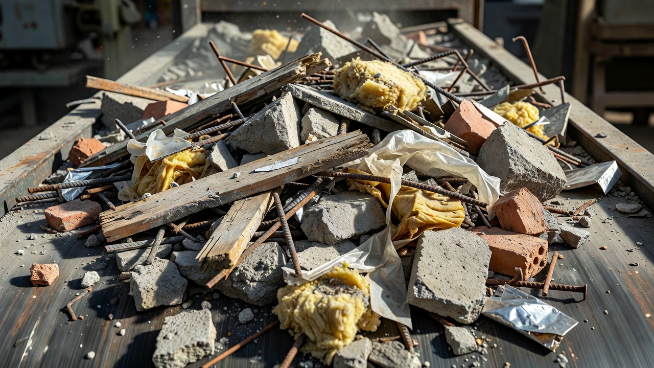 Close-up view of varied construction waste passing across a sorting surface
