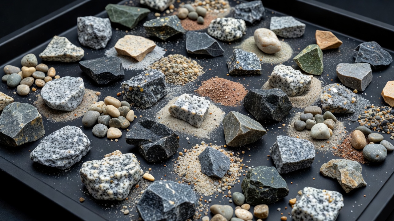 Close detail of sorted mineral fragments and fine residue for visual quality inspection