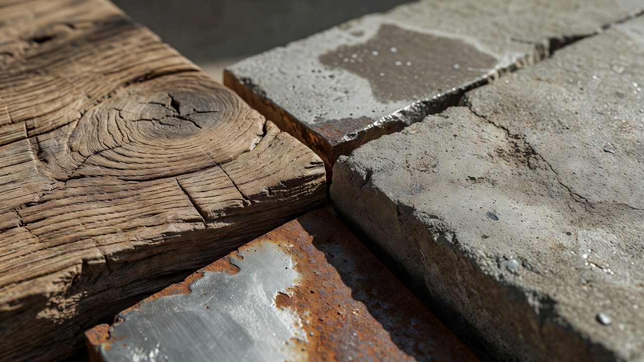 Close view of timber, concrete and metal pieces with surfaces partly touching